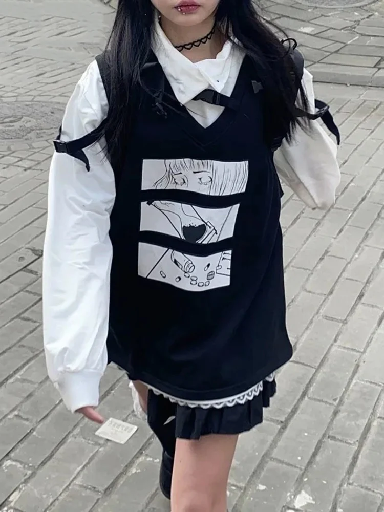 Y2k الجمالية أنيمي المطبوعة سترات النساء خمر التداخل أكمام فضفاضة صدرية القمم Harajuku الجرونج موضة الدبابات