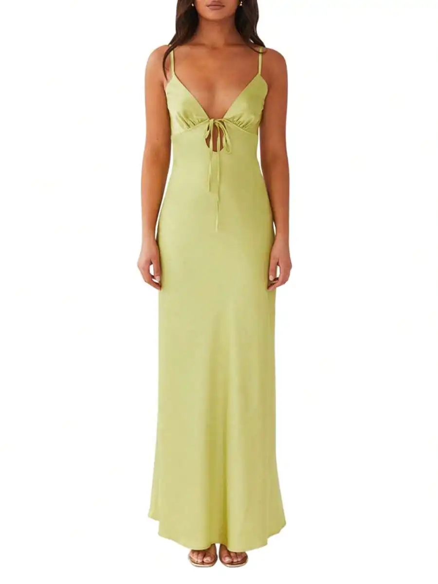 

Women's Lime Green Satin Slip Dress with V-Neck Tie-Up Front and Backless Maxi Design
