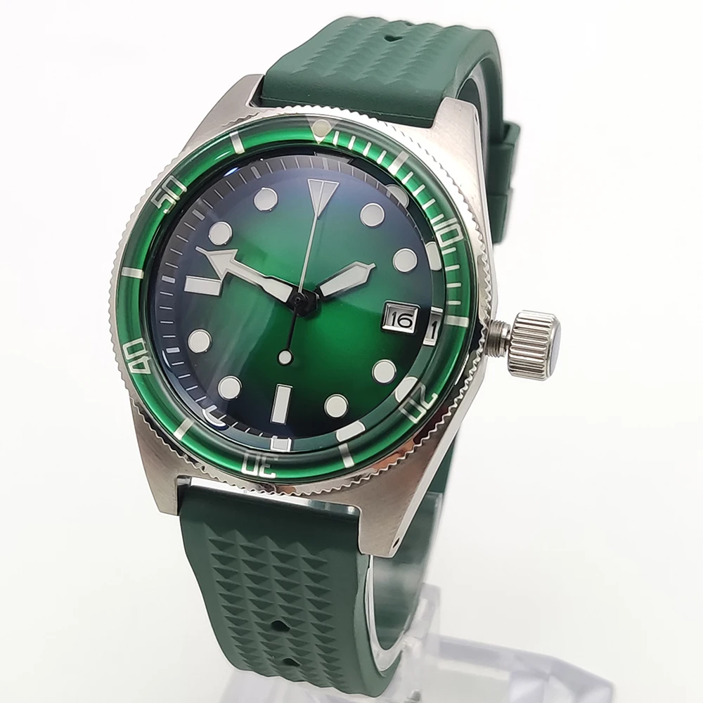 Мужские автоматические повседневные деловые механические часы NH35 с сапфировым стеклом и зеленым стерильным циферблатом, модные часы с резиновым ремешком