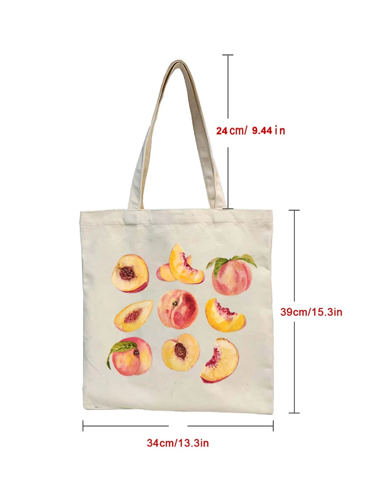 1pcs Kawaii Peaches Pattern Tote Bag Carrier Bag Canvas Shoulder Bag Shopper Bag Perfect For Outdoors Travel Gift