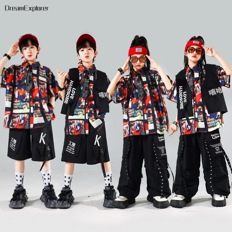 Boys Hip Hop Vest Retro Shirt Cargo Pants Girls Street Dance Shorts Clothes Sets Kids Jazz K-pop Costumes Children Streetwear