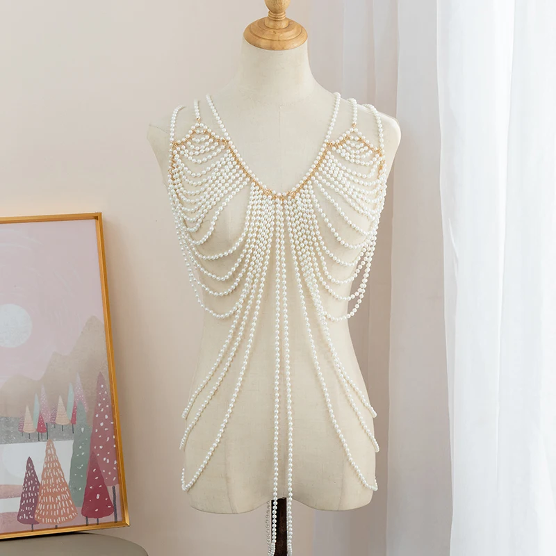 

Hazem Story United States new sexy woven fringe pearl sweater chain French retro multi-layer imitation pearl body chain