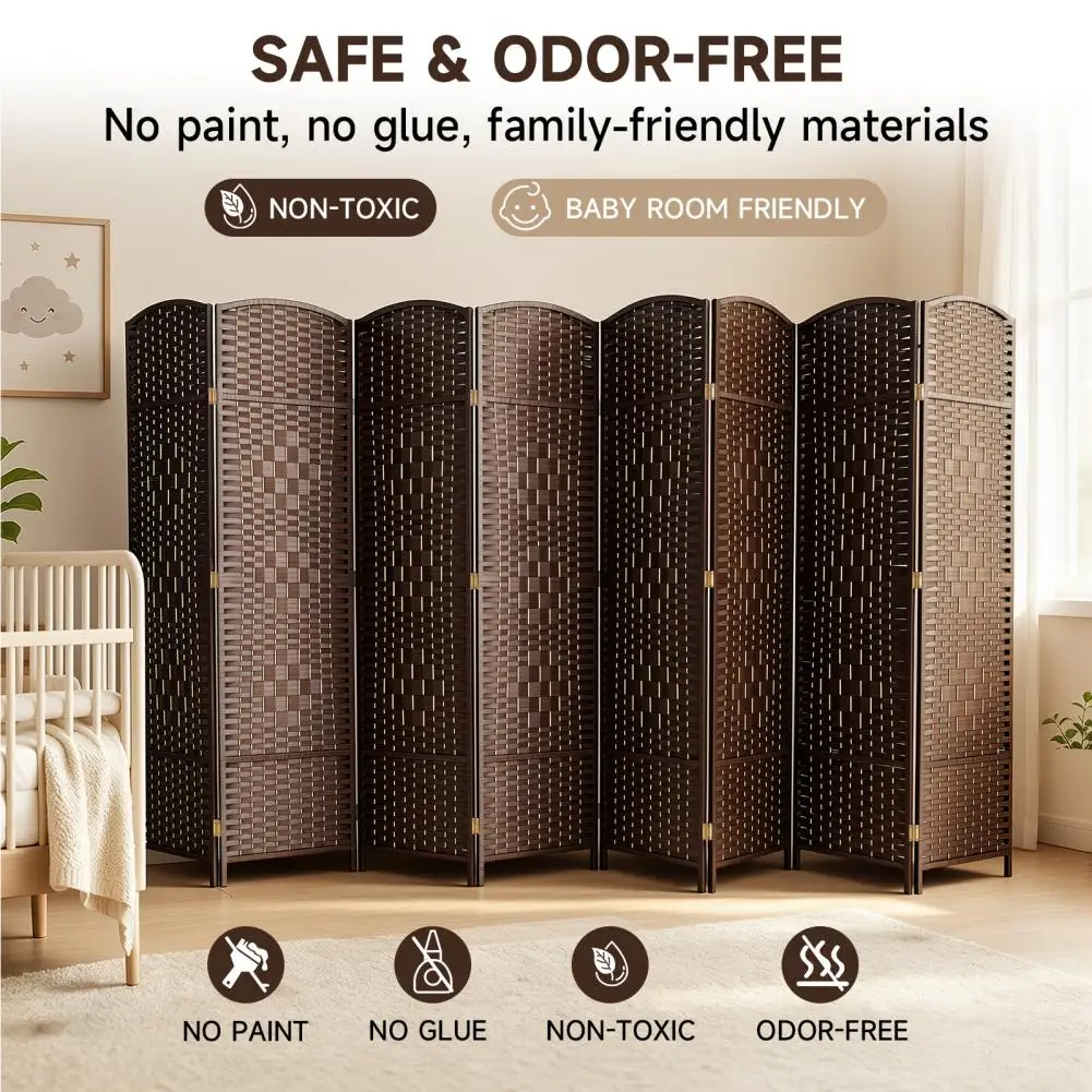 Folding Room Divider, Rattan Woven Privacy Screen, 4 or 8 Panels, Hinged Freestanding Room Divider, 6Ft Tall Bedroom Partition