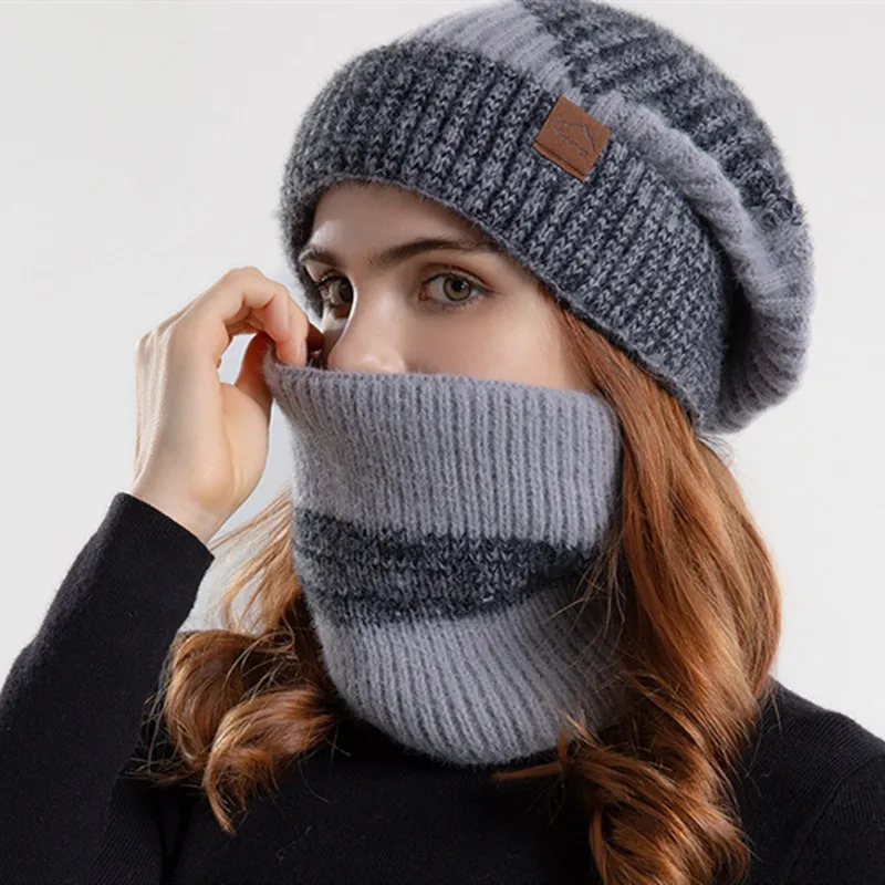 Chapeau tricoté épais et chaud pour femmes, Protection des oreilles, avec écharpe polaire, ensemble deux pièces, hiver