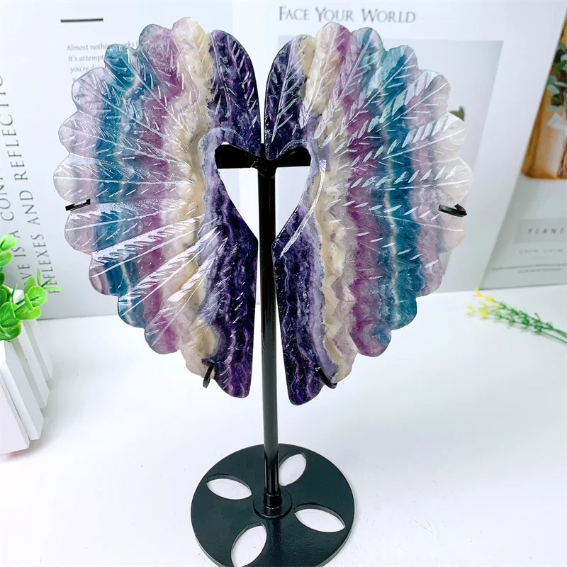 Natural Fluorite Peacock Feather Carving Wings with Stand, Energy Gemstone, Healing Stone, Home Decoration, 1Pair