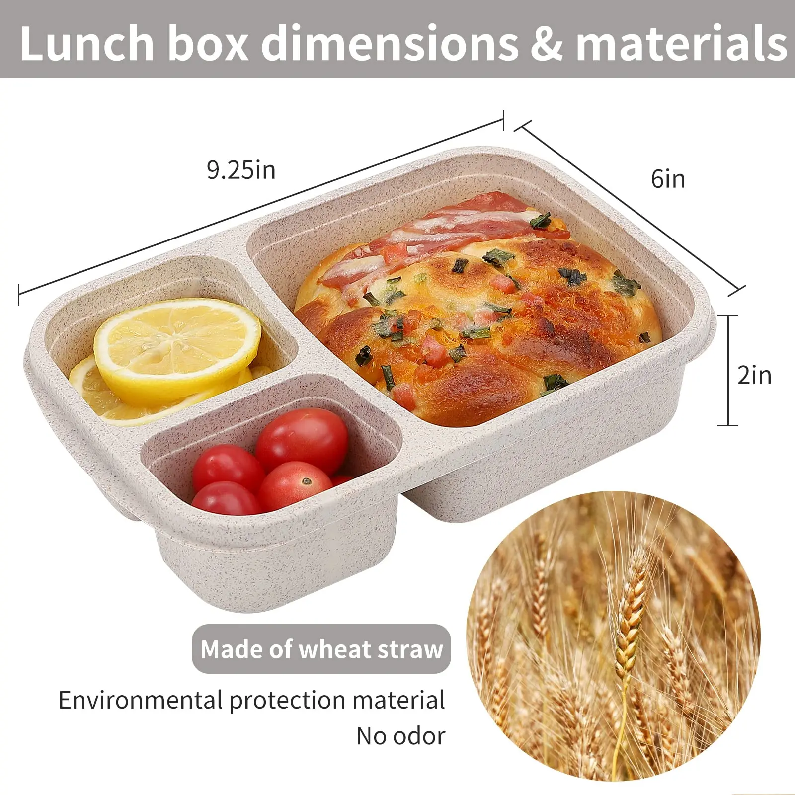 Bento Lunch Box 3 Compartment Wheat Straw Meal Prep Food Storage Containers Plastic, 1 Pack