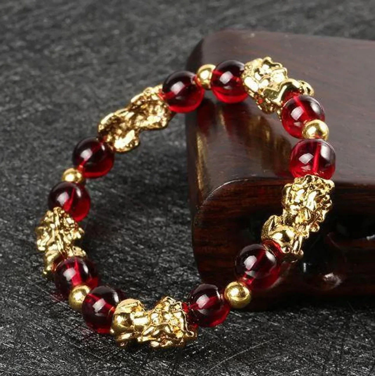 

Feng Shui Obsidian Stone Beads Bracelet Wristband Gold Color Customizable Lucky Wealth Pixiu Red Garnet DIY Accessories Textile