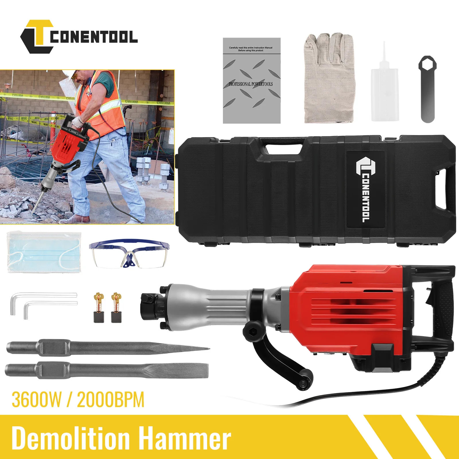 CONENTOOL 3600W Electric Demolition Jack Hammer, Heavy Duty Jackhammer Concrete Breaker with 2pcs Chisels Bits Chipping 2000 BPM