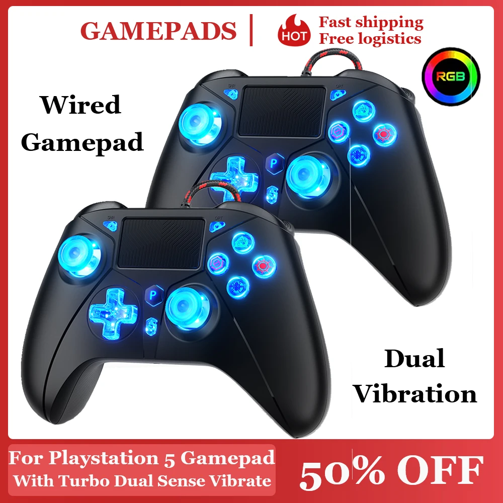 Controles con cable para PS5/PS4/PC, compatibles con consolas, giroscopio de 6 ejes, vibración dual, programación/Turbo, efecto Hall, RGB.