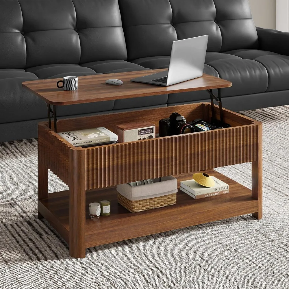 

Lift Top Coffee Table with Storage, Mid Century Modern Coffee Table with Hidden Compartment, Fluted Wood Center Table for Small