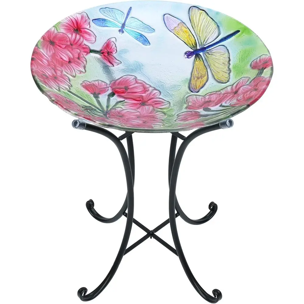 Glass Bird Bath with Metal Stand, Outdoor Garden Feeder, Large Bird Baths Bowl, Outdoor Garden, Patio Decor