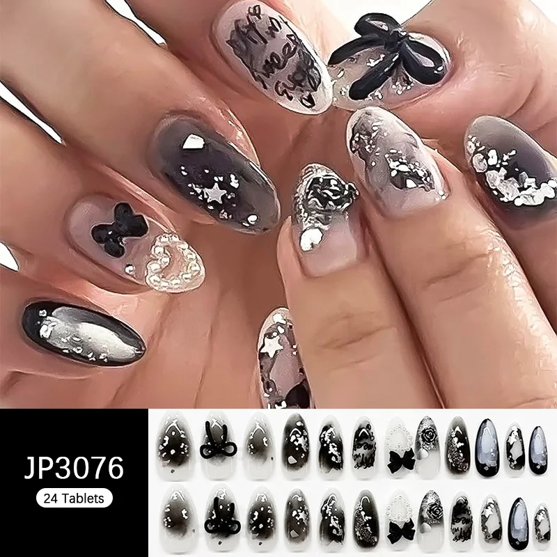 24Pcs Almond Fake Nails Press-On Nail Pearl Heart Bowknot Accents-Glossy Finish Elegant Black Removable False Nails Manciure