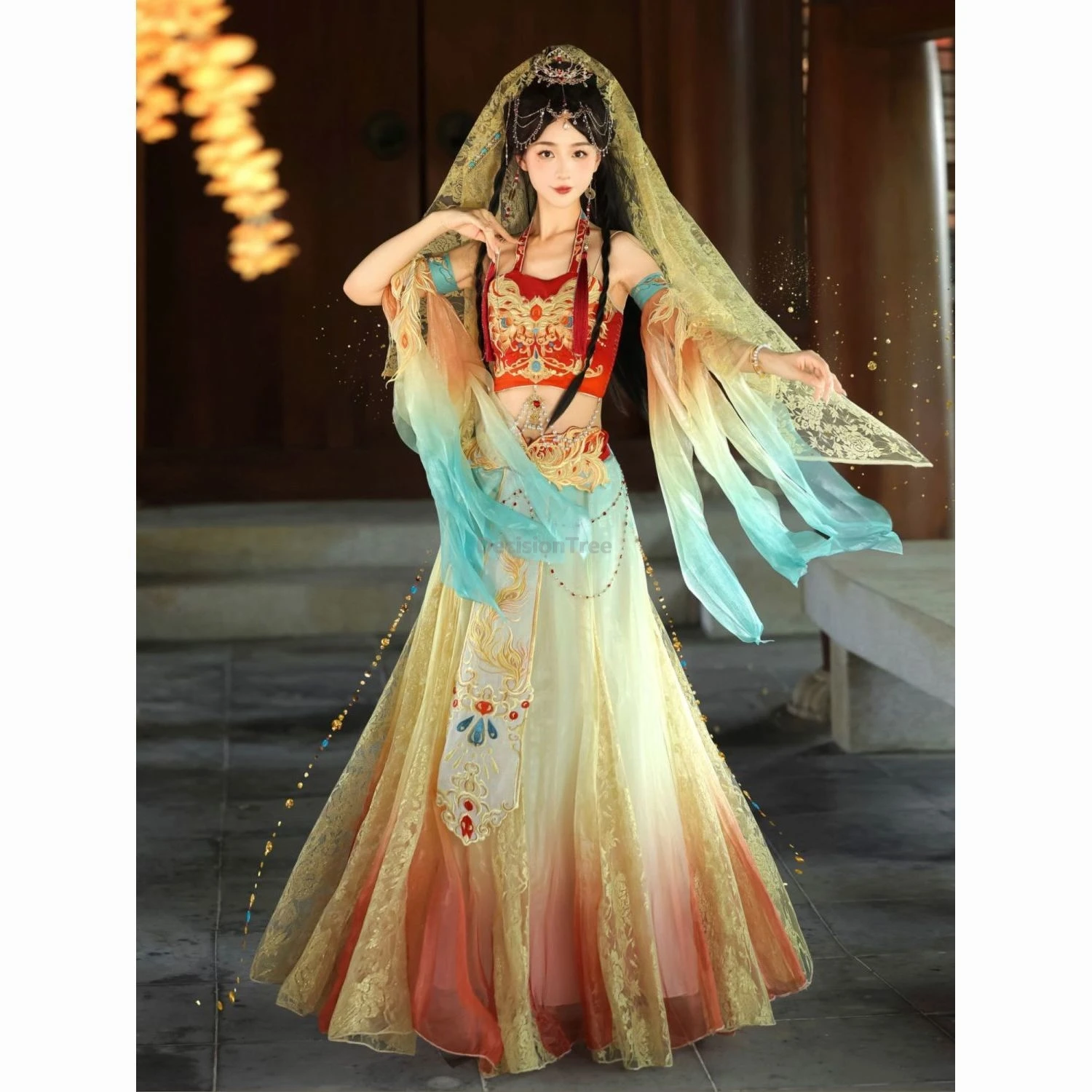 

2025 gradient color fairy temperament exotic dancer set chinese tang made dunhuang feitian hanfu ethnic style dancing hanfu