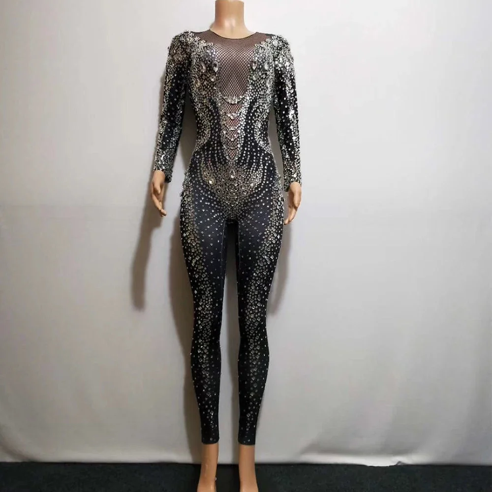 Luxury Rhinestones Black Jumpsuit Women Evening Prom Party Birthday Celebrate Drag Queen Outfit Stage Wear Long Sleeve