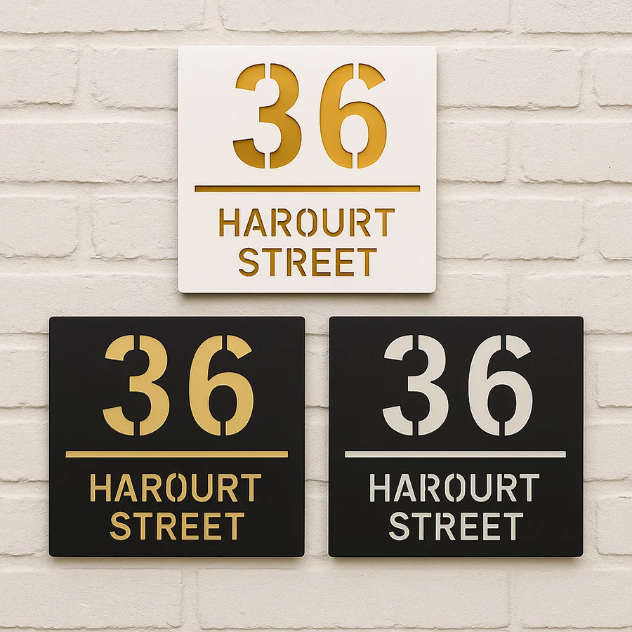 

Custom Modern Black Acrylic House Number Plaque Gold Mirror Backing Personalized Outdoor Door Plate Address Sign