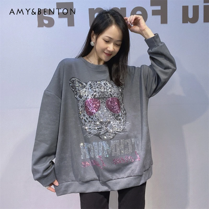 

Front And Back Rhinestone O-Neck Sweatshirt For Women's New Autumn Loose Fit Trendy Cool Casual Couple's Pullover Top Sudaderas