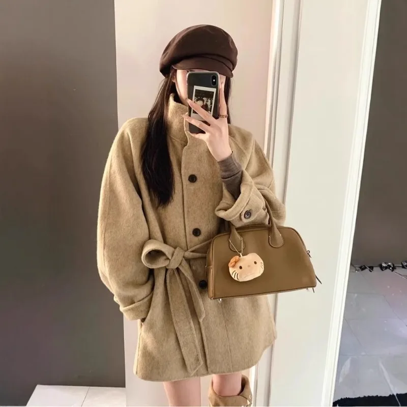 

Шерстяное пальто цвета хаки для женщин, модное и элегантное мини-осеннее и зимнее свободное пальто в китайском стиле