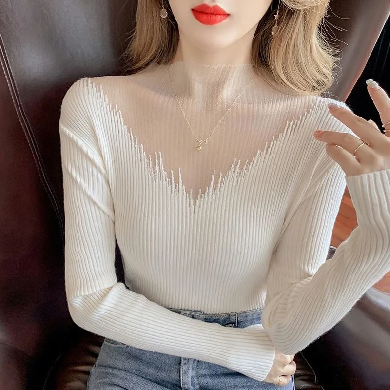 Women Thickened Turtleneck Sweater Knitted Bottoming Shirt Autumn and Winter Fashion Mesh Stitching Pullover Fashion Tops