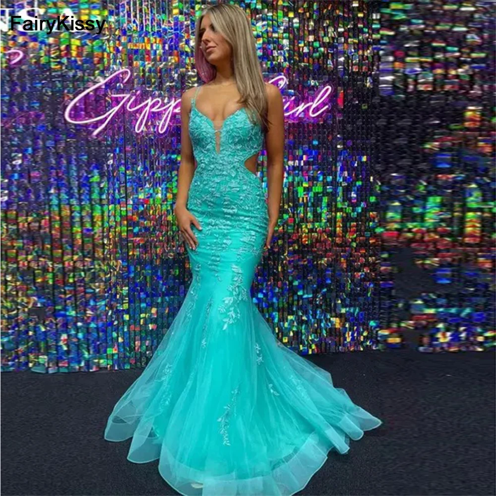 

FairyKissy Blue-green Mermaid فساتين السهرة Sexy Open Back Lace Fishtail Prom Dress Spaghetti Strap Trumpet Vestidos De Noche