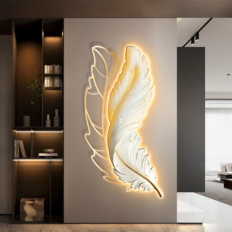 Light Luxury Porch Decorative Painting Gold Feather LED Light Door Is on the Wall of High-Level Atmosphere Painting