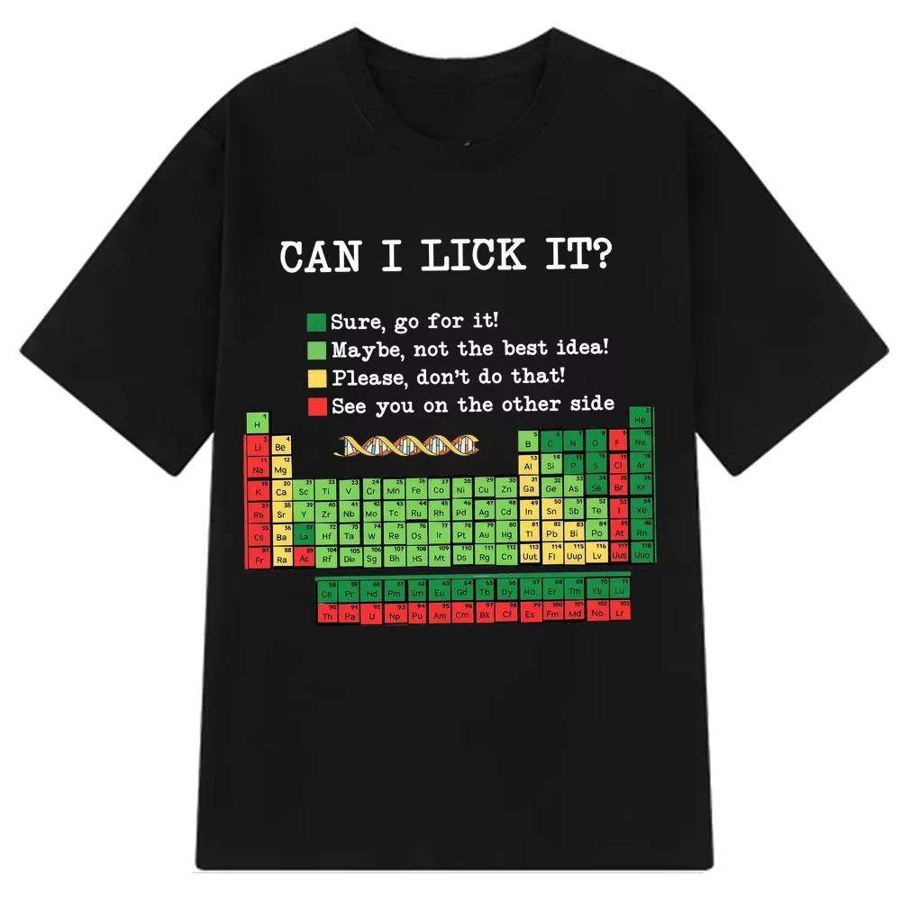 Divertida tabla periódica “¿Puedo lamerlo?”. Camiseta de química, camisetas de algodón informales holgadas de manga corta de verano, camiseta de moda unisex