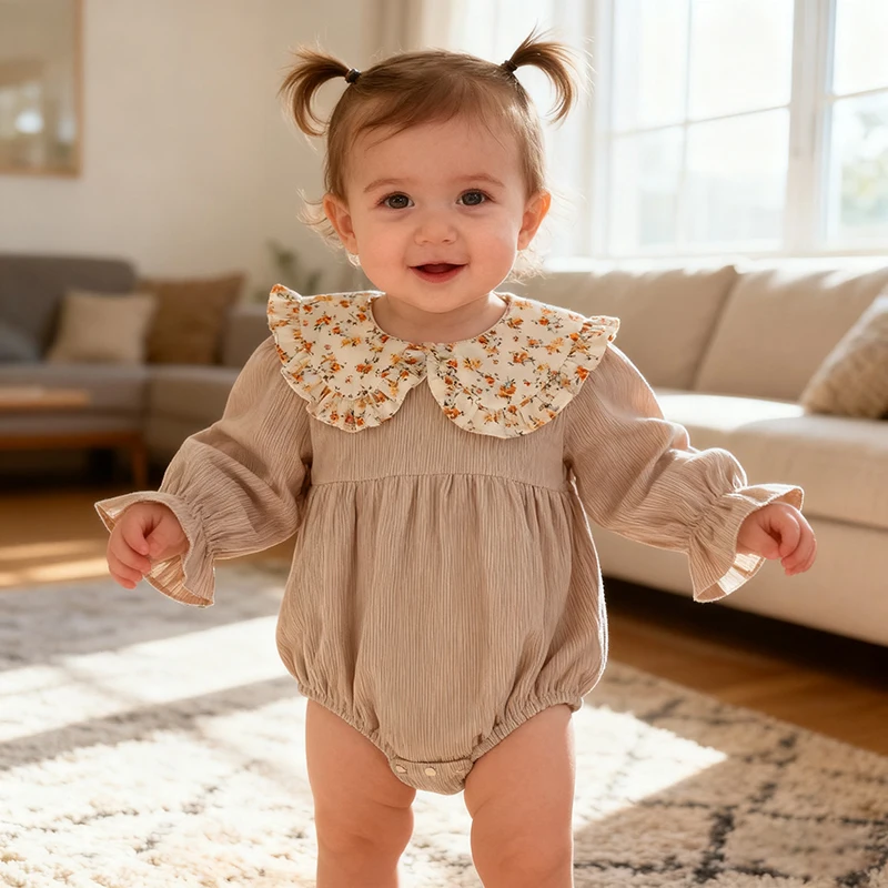 Spring Vintage Newborn Infant Baby Girls Romper Corduroy Baby Rompers Infant Floral Bodysuit Toddler Onepiece Baby Clothes