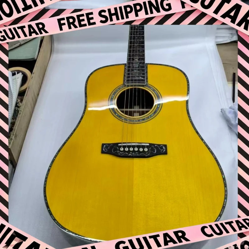41 Inch Acoustic Guitar Yellow D45 Solid Top Simple Design Picea Asperata Body Ebony Neck Country Music Delivery Included Gift