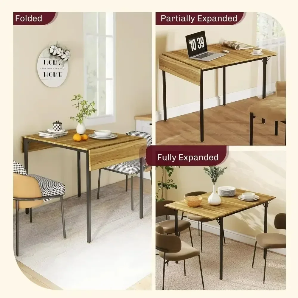 Industrial Folding Dining Table for 2 to 4, Space Saving Drop Leaf Kitchen Table for Small Spaces, Walnut