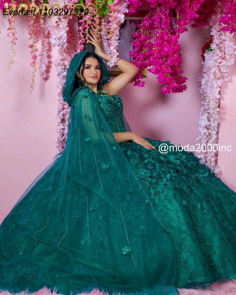 EVLAST Customized Dark Green Quinceanera Dress Ball Gown Shiny Floral Applique Beading Cape Sweet 16 Vestido De 15 Anos TQD956