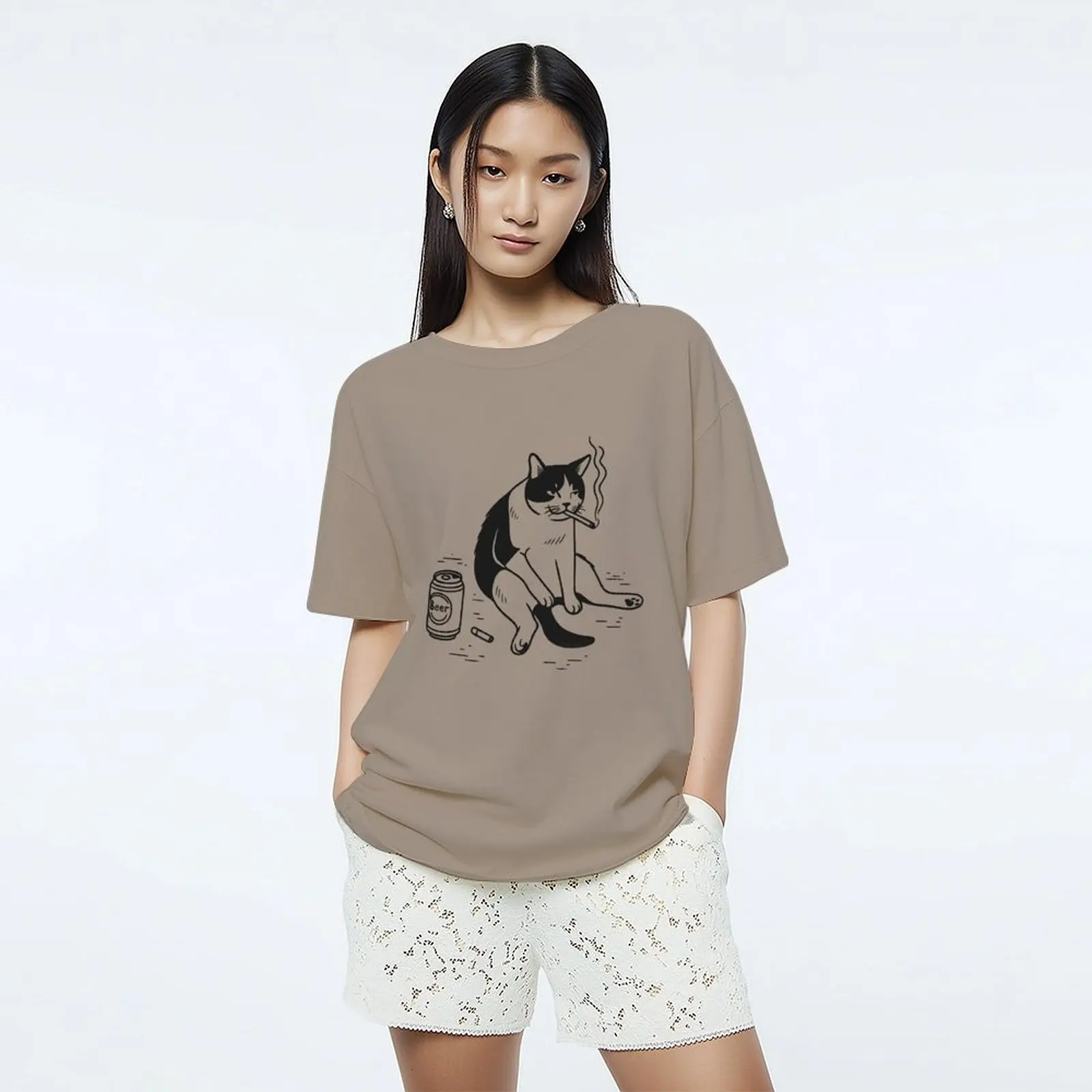 

Women's Decadent Cat Print Crew Neck Short Sleeve Top Breathable Cotton T-shirt Korean Tops Female O-Neck Casual Tee T Shirts