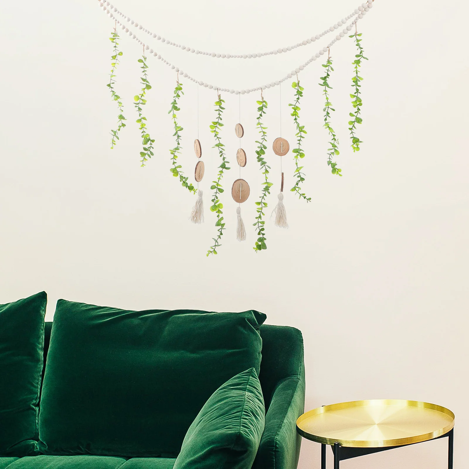 

Wood Beads Photo Display Hanging Wall Decor Eucalyptus Leaves Rustic Macrame Picture Holder for Bedroom Living Room
