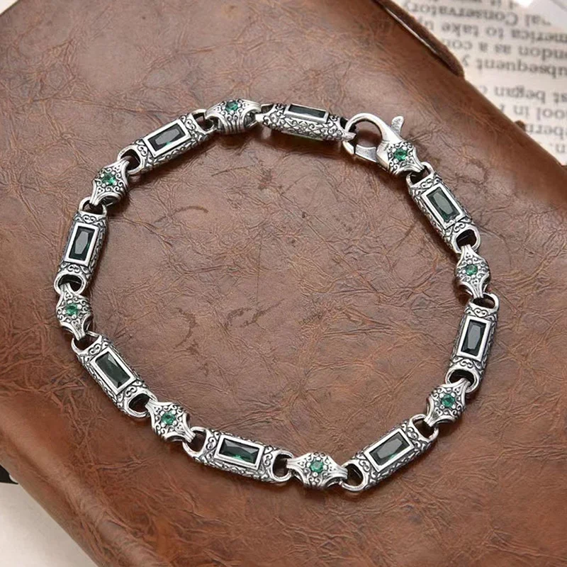 OUYADI S925 Sterling Silver Heavy Craft Tang Grass Pattern Bracelet Inlaid Multicolor Zircon Retro Unisex Fine Jewelry