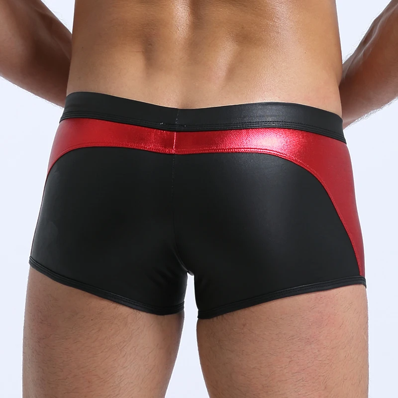 Sexy Men\'s Underwear Low Waist Faux Leather Boxer Shorts Bulge Pouch Male Lingerie Shorts Slim Cut Underpants