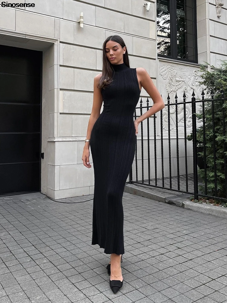 Womens Elegant Cocktail Party Maxi Dress Sexy Sleeveless Turtleneck Ribbed Knit Slim Tight Dress Stretchy Bodycon Sweaters Dress