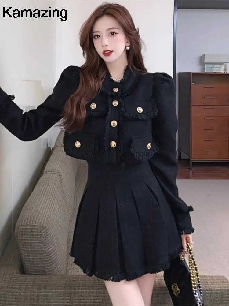 Elegant Tweed Suit 2-piece Skirt Set Autumn Winter New French Style Cropped Jacket Coat Mini Skirt Korean Fashion Female Outfits