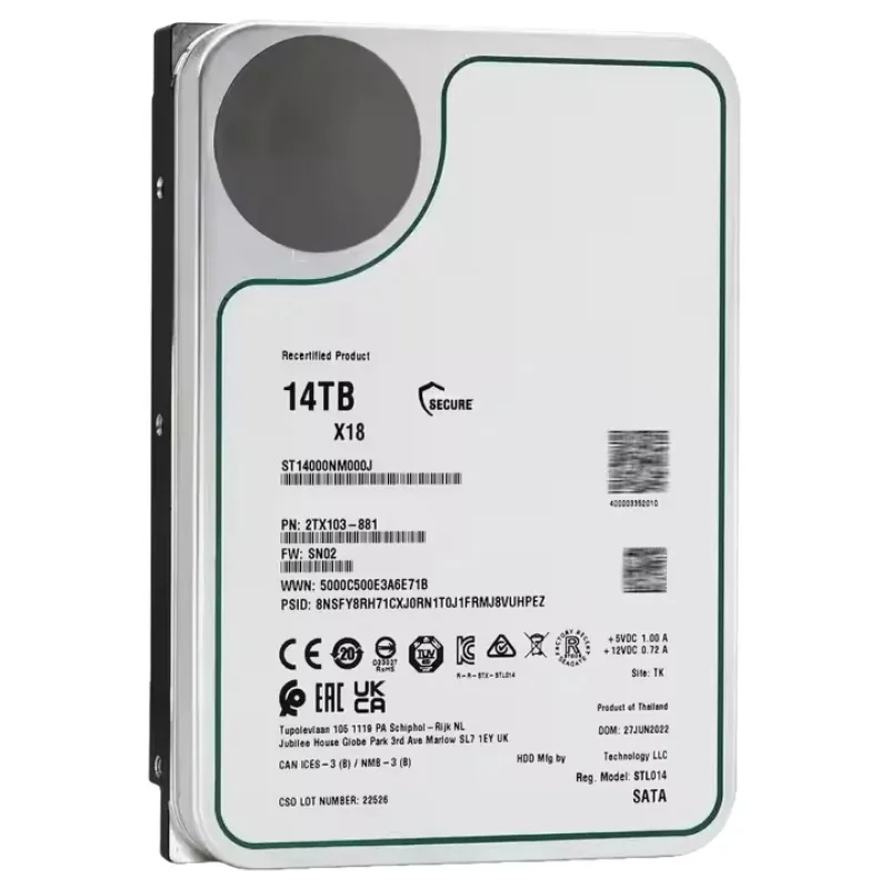 ฮาร์ดไดรฟ์ 2 ชิ้น รุ่น St14000Nm000J X18 Enterprise ความจุ 14TB ขนาด 3.5 นิ้ว 6Gb/S Serial Ata (Sata) Hot-Plug 7.K 56Mb Cache 51E/4Kn Format