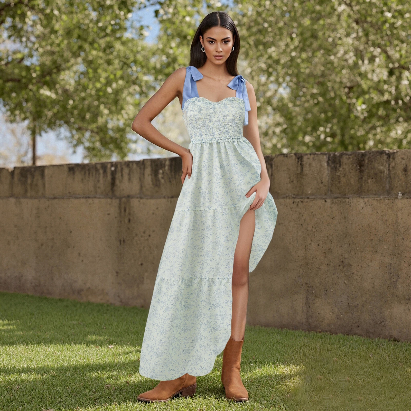 Holiday Women's Floral Tie Shoulder A-line Long Dress Smocked Sweetheart Neck Sleeveless Backless Tiered Ruffle Dress