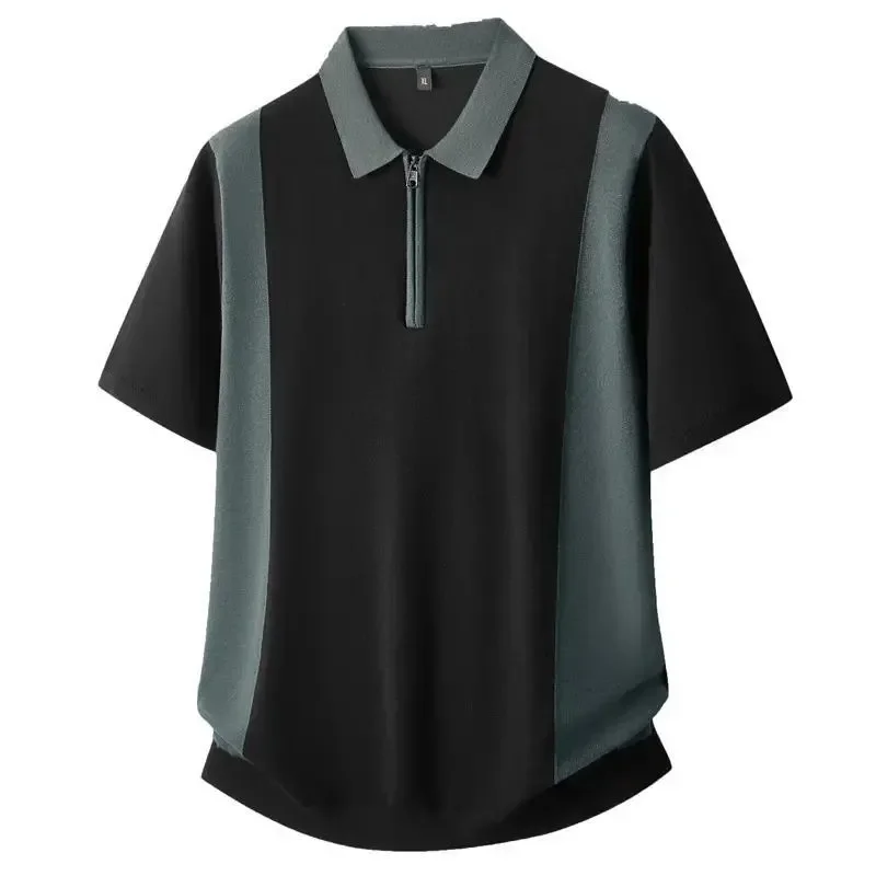 Men's Loose Fit Contrast Color Polo Shirt with Half Zip Collar Short Sleeve Casual Top for Summer Daily Wear