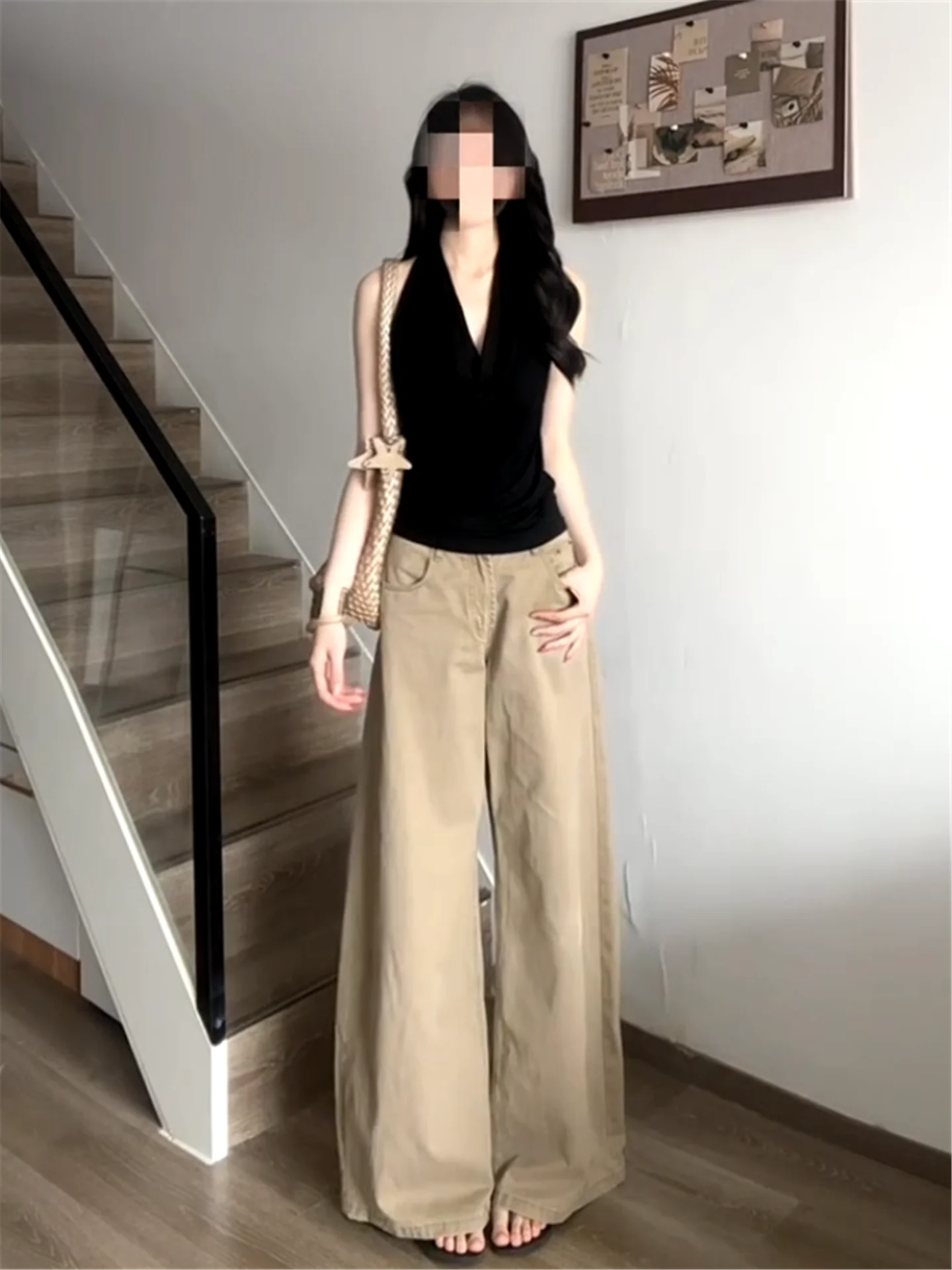 

American Vintage Khaki Wide Leg Jeans Women Summer Loose Drapey Tall Extended Floor Length Pants High Waist Casual Cotton