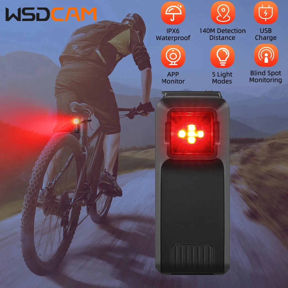 Wsdcam Rechargeable Lamp USB Bike Rear Tail Lights Waterproof Radar Detection Cycling Lamp 5 Mode Blind Spot Monitor