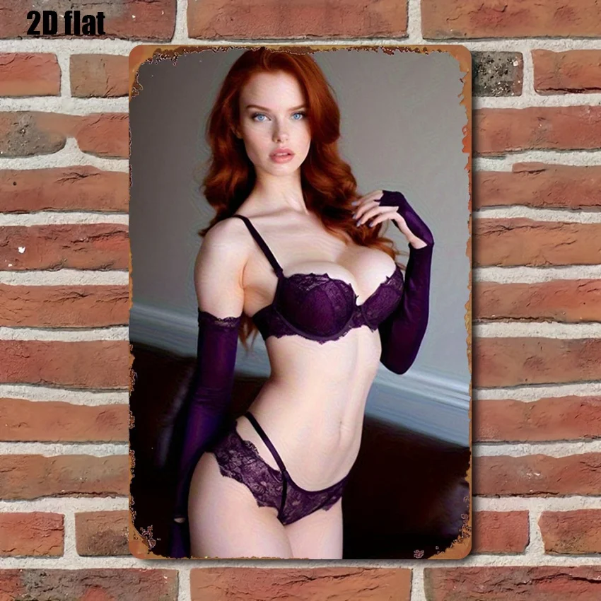 Sexy Redhead Woman Metal Sign - Vintage Beauty Tin Poster for Bar Man Cave, Seductive Room Decor Wall Plaque