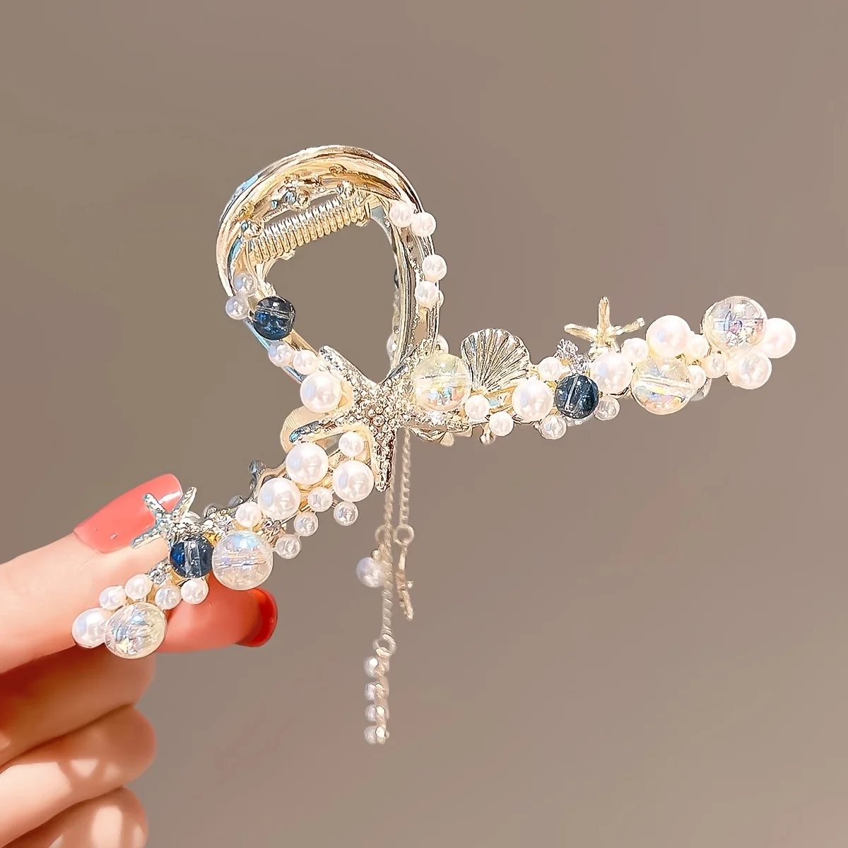 Elegant Large Pearl Crystal Tassel Hair Claw Golden-Toned Alloy Rectangular Shape with Starfish Shell Accents for Stylish Updos