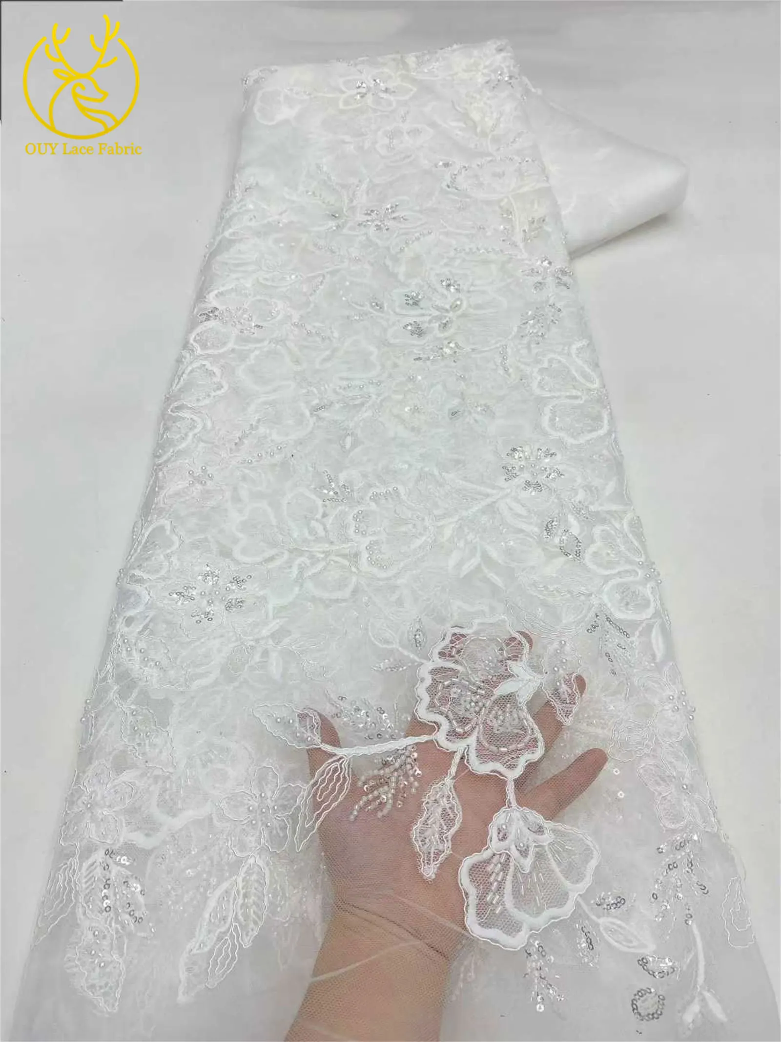 Damen Brautparty-Kleid Pailletten Tüll Bestickter Spitzenstoff 2026 Hochwertiger Nigerianischer Französischer Perlen-Spitzenstoff 5 Yards – Detail 14