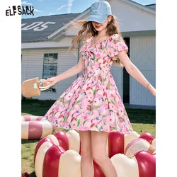 ELFSACK 2024 Summer New Arrivals French V-neck pink floral waist slimming princess dress for women