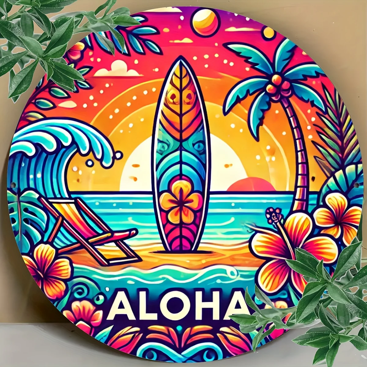 1 Retro Aloha Hawaiian Beach Vintage Round Aluminum Sign - Pack of 1, Tropical Surfboard & Palm Design Metal Plate - for Garage,