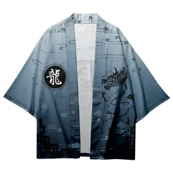 Anime ejderha baskılı Kimono 3/4 kollu gömlek boy üst 2023 yaz plaj Haori moda geleneksel giyim