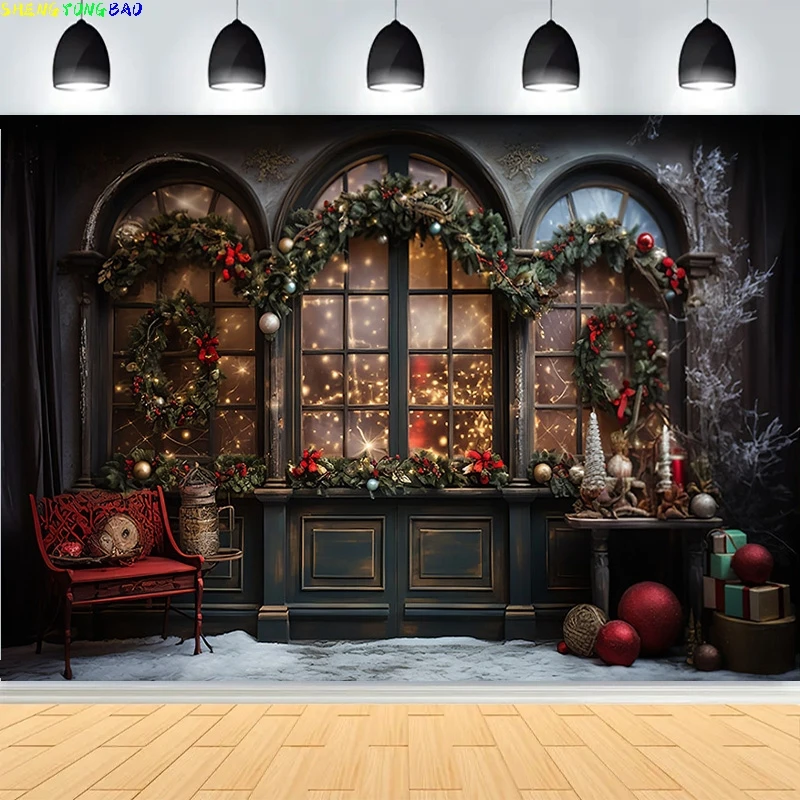 

Christmas Day Gift Boxes Steam Train Photography Backdrops Living Room Holidays Carpet Fireplace Pine Trees Background VT-07