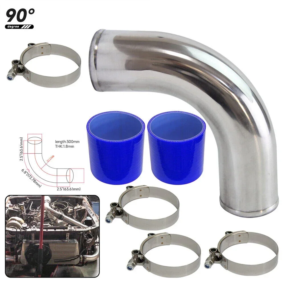 51 63 76mm Universal Cold Air Intake Pipe Tube 90 Degrees Aluminum Racing Car Turbo High Flow 2pcs Silicone Hose Coupler Clamp