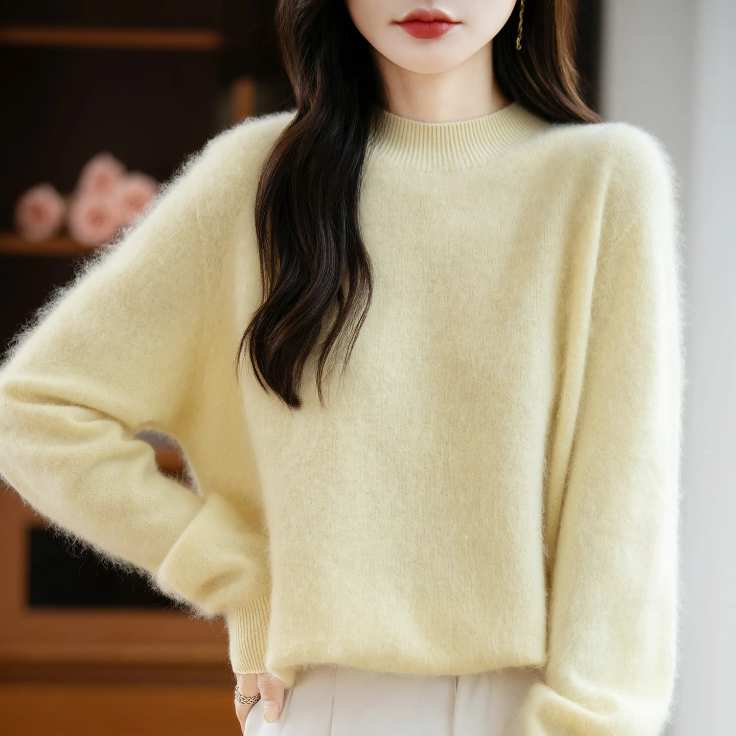 

ZOCEPT Sweater Women's Autumn Winter Solid Knit High Collar Loose Casual Sweaters 100% Merino Wool Female Pullovers Basic Top