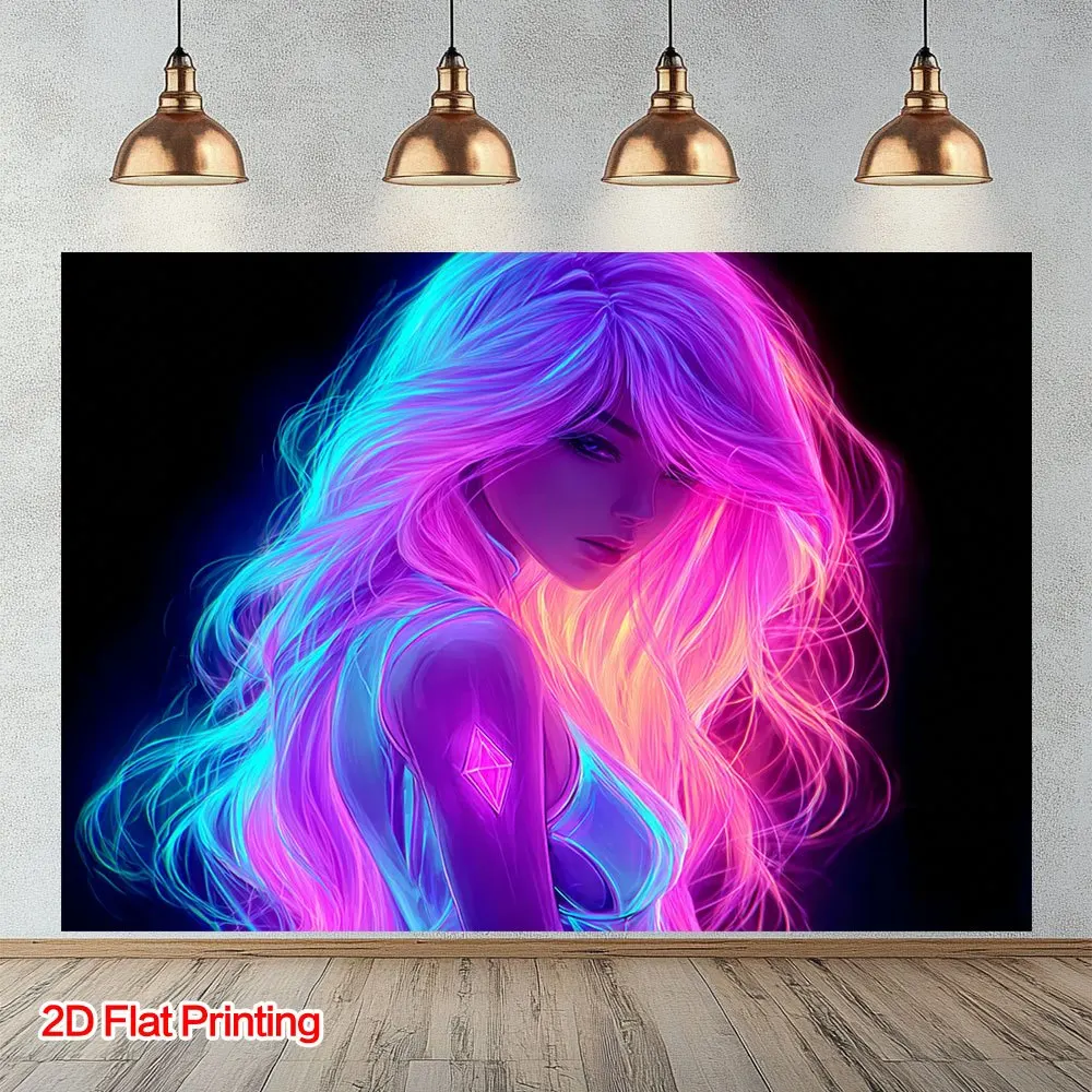 Neon Girl Tapestry - Cyberpunk Glow-in-the-Dark Art, Colorful Hair & Back View, Futuristic Wall Decor, Polyester, Multiple Sizes